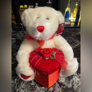 White Fur Teddy Bear & Red Satin Flower and Rose Heart Storage Gift Box